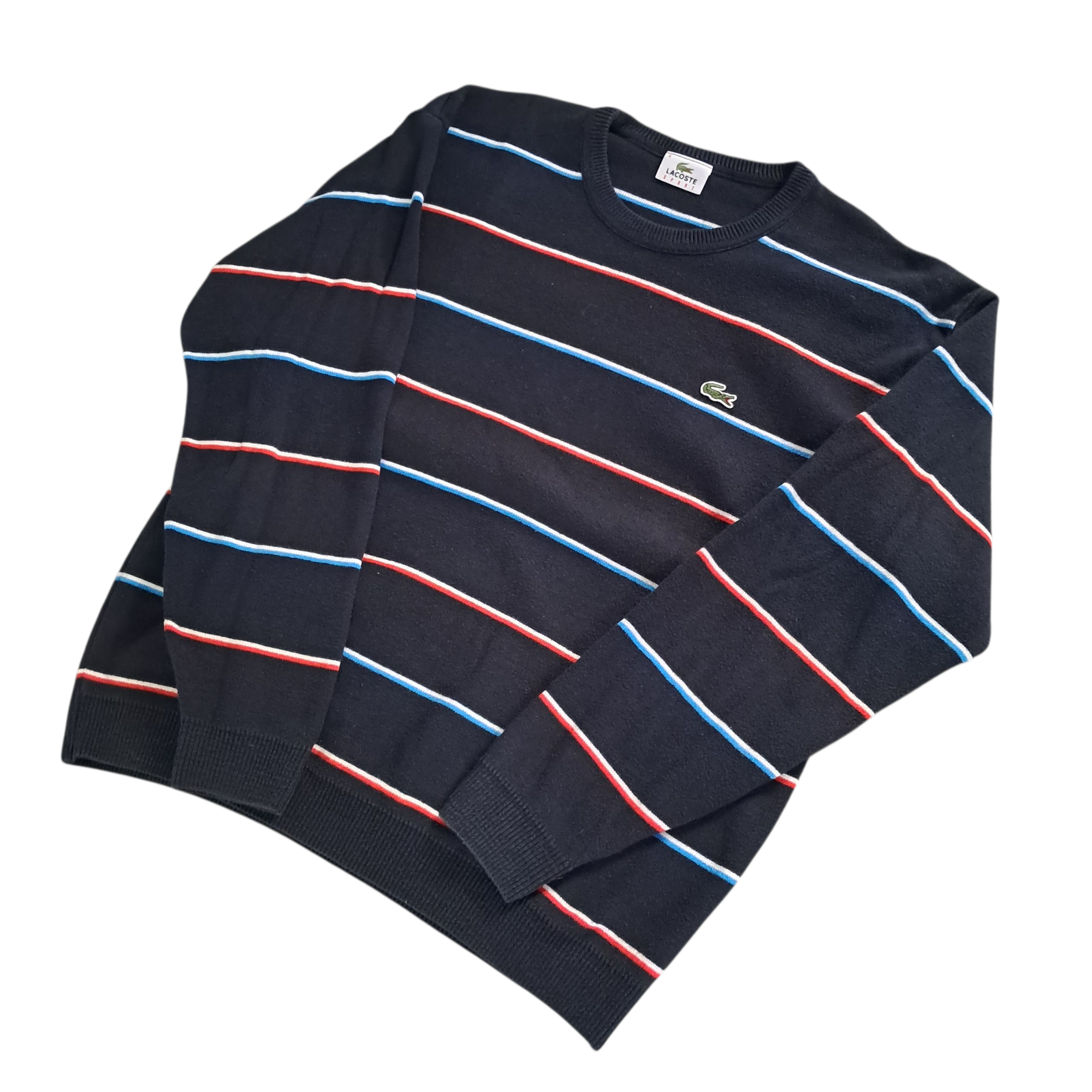 Lacoste Sweater – Schwarz mit Blau / Weiß / Rot gestreift – Größe XL