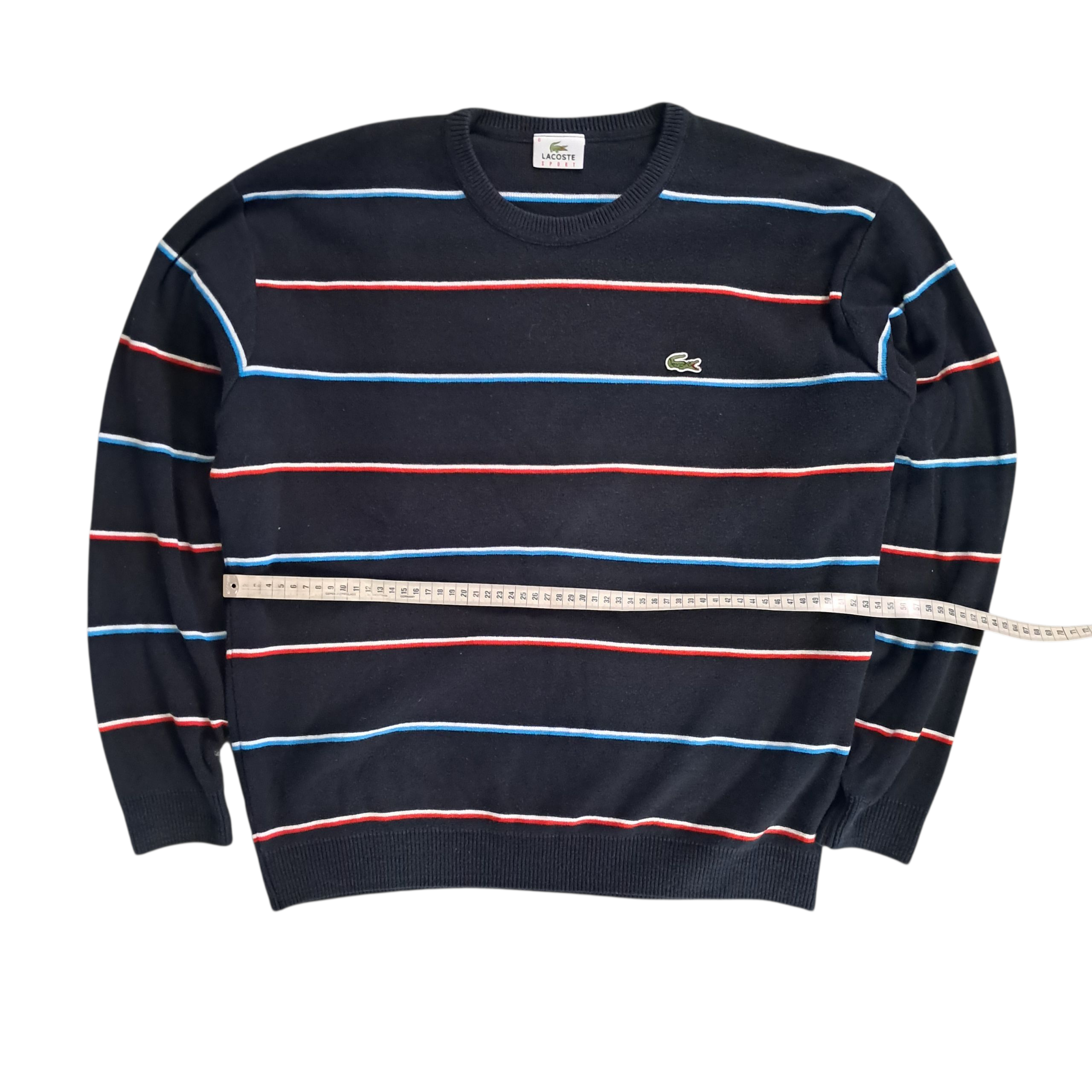 Lacoste Sweater – Schwarz mit Blau / Weiß / Rot gestreift – Größe XL