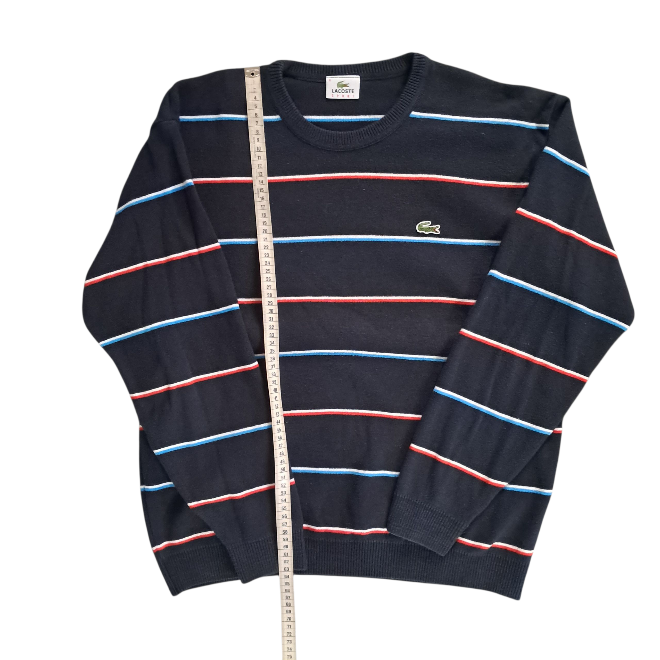 Lacoste Sweater – Schwarz mit Blau / Weiß / Rot gestreift – Größe XL