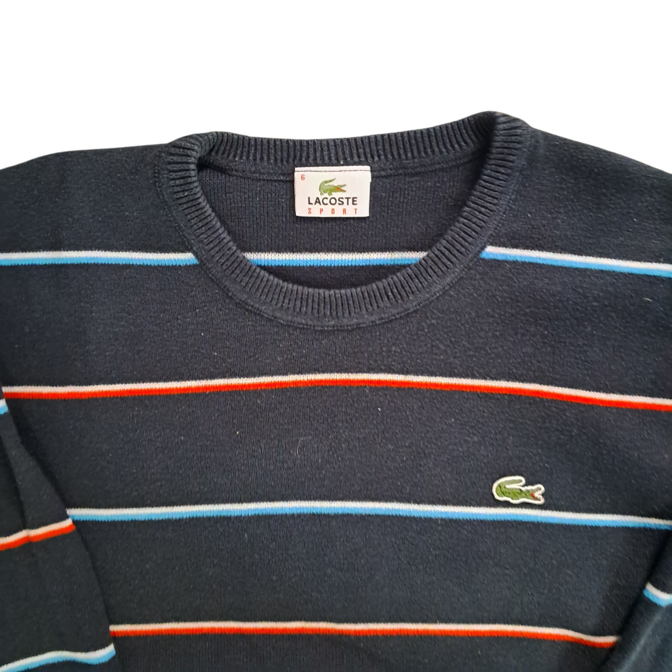 Lacoste Sweater – Schwarz mit Blau / Weiß / Rot gestreift – Größe XL