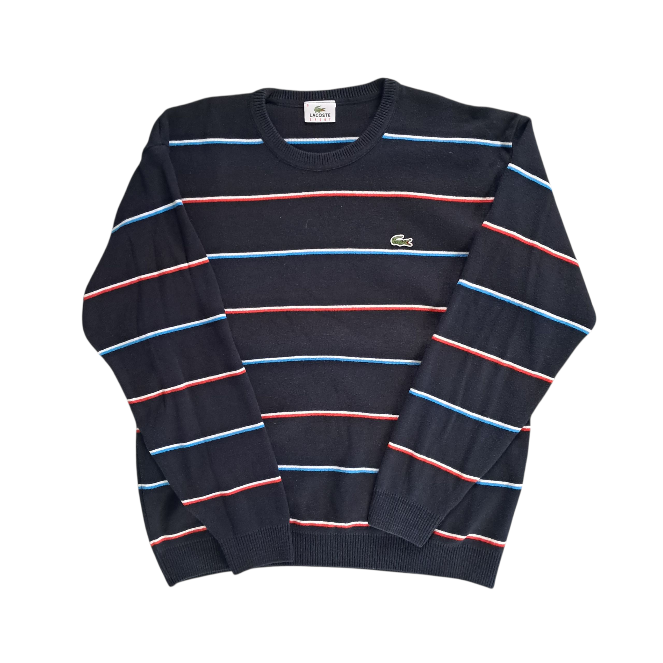 Lacoste Sweater – Schwarz mit Blau / Weiß / Rot gestreift – Größe XL